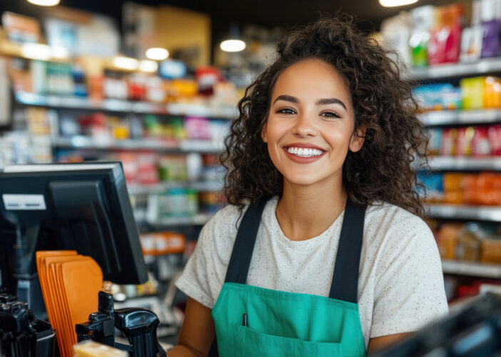 Smiling retail associate at checkout, representing how a secure, reliable network empowers employees to focus fully on customers.