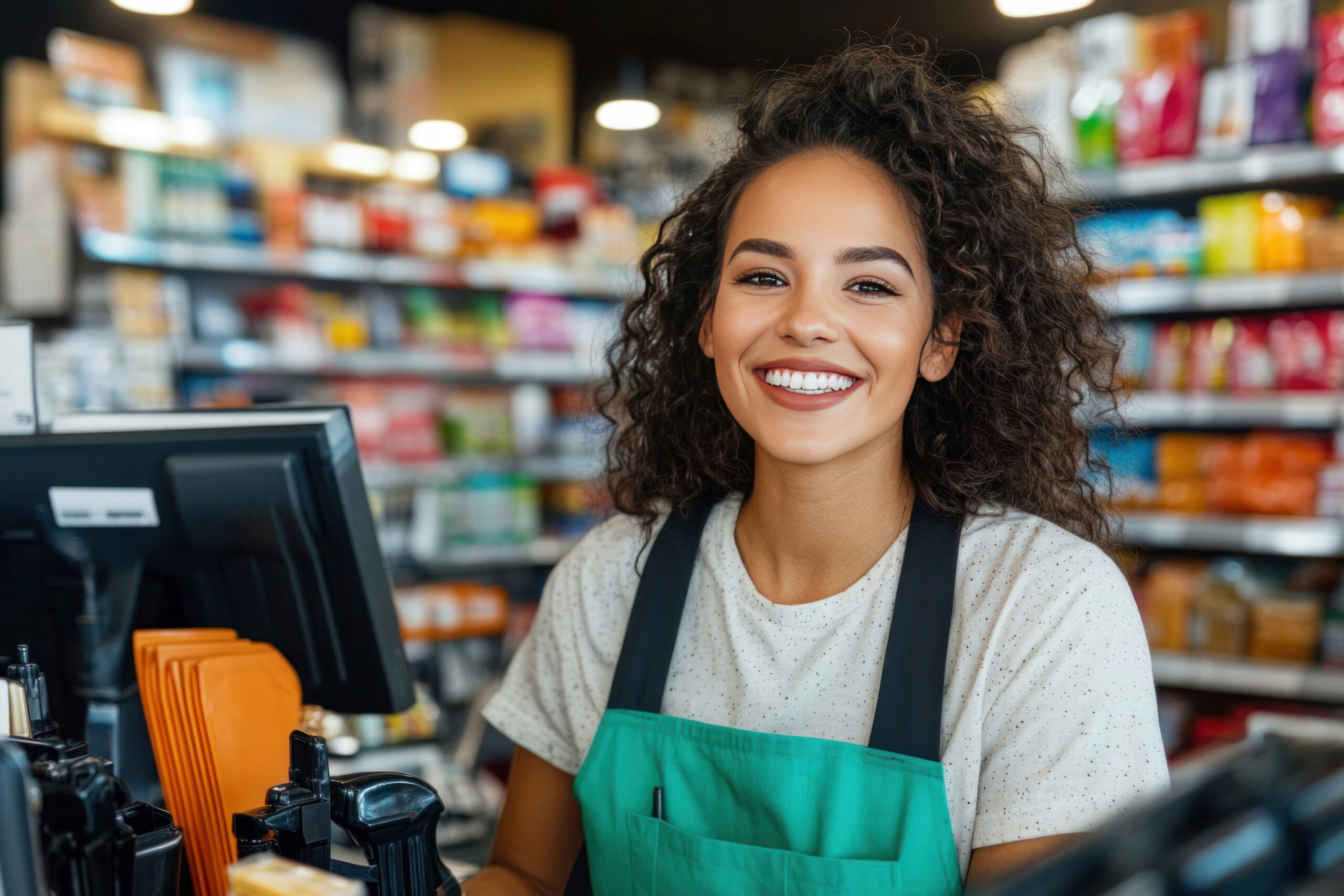 Smiling retail associate at checkout, representing how a secure, reliable network empowers employees to focus fully on customers.