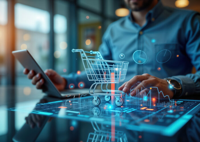 Managed Security Services Provider for Retail concept—professional monitoring digital retail infrastructure with cybersecurity dashboards and a virtual shopping cart.